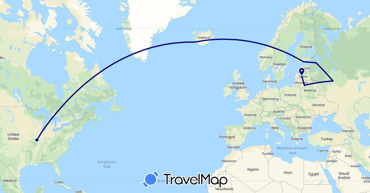 TravelMap itinerary: driving in Finland, Iceland, Lithuania, Latvia, Russia, United States (Europe, North America)